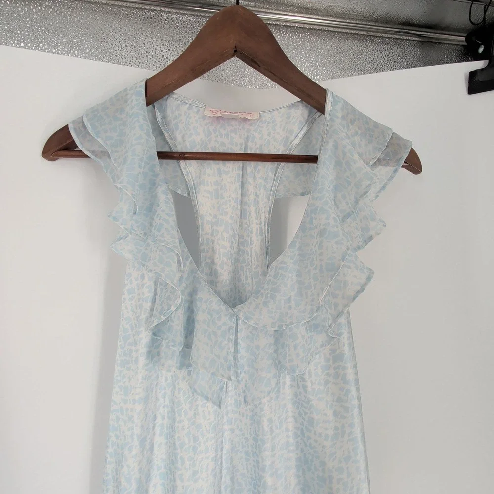Oscar de la Renta Pink Label Blue Ruffle Racerback Nightgown L Sleepwear Satin